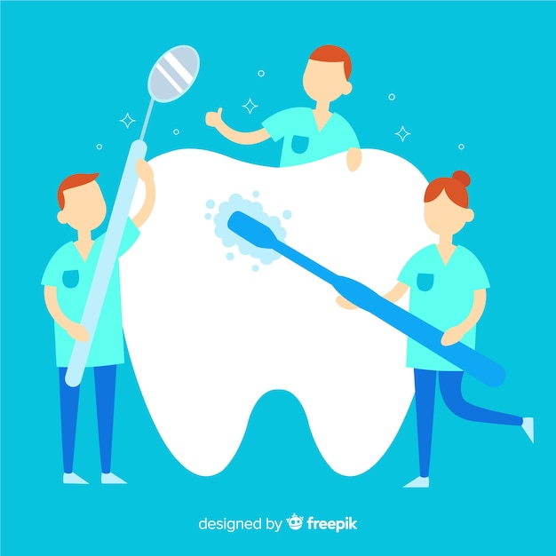 Vector flat dentist taking care of a tooth background