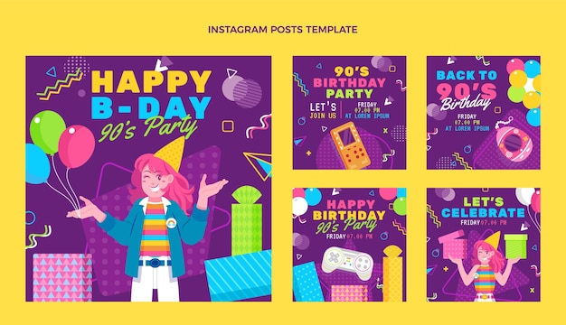 ベクトル フラットデザイン90年代の誕生日のinstagramの投稿