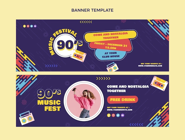 Vector flat design 90s music festival horizontal banners