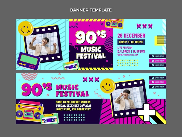 Vector flat design 90s music festival horizontal banners