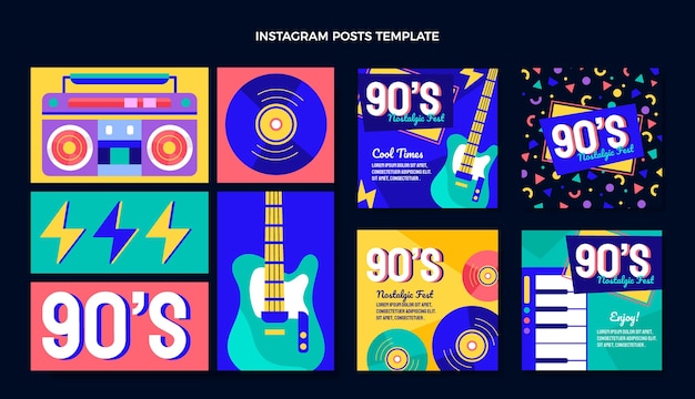 Flat design 90s music festival instagram posts