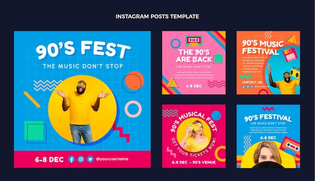 Vector flat design 90s music festival instagram posts