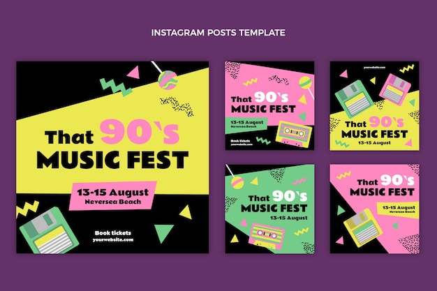 Vector flat design 90s music festival instagram posts