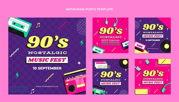 Vector flat design 90s music festival instagram posts