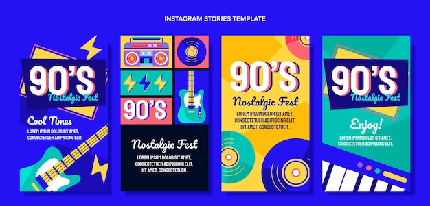 Vettore storie di instagram del festival musicale degli anni '90 dal design piatto