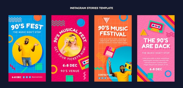 Vettore storie di instagram del festival musicale degli anni '90 dal design piatto