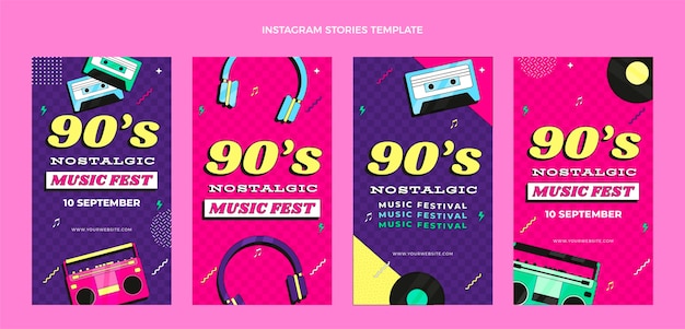 Storie di instagram del festival musicale degli anni '90 dal design piatto