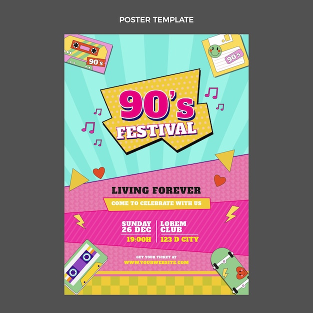 Vector flat design 90s music festival poster template