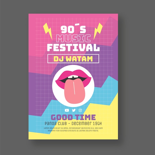 Vettore poster del festival musicale anni '90 dal design piatto