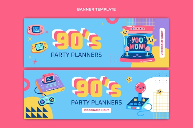 Flat design 90s nostalgic birthday banners horizontal