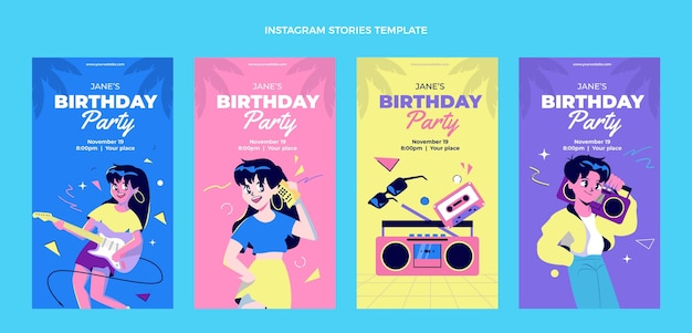 Vector flat design 90s nostalgic birthday ig stories