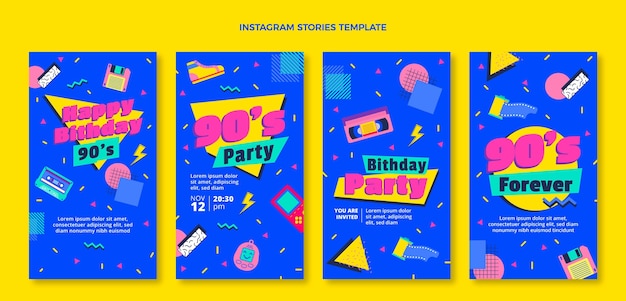 Vettore design piatto anni '90 nostalgiche storie di instagram di compleanno