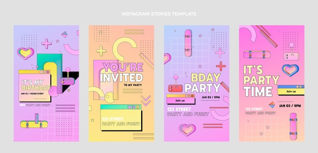 Вектор Плоский дизайн 90-х годов ностальгические истории о дне рождения в instagram