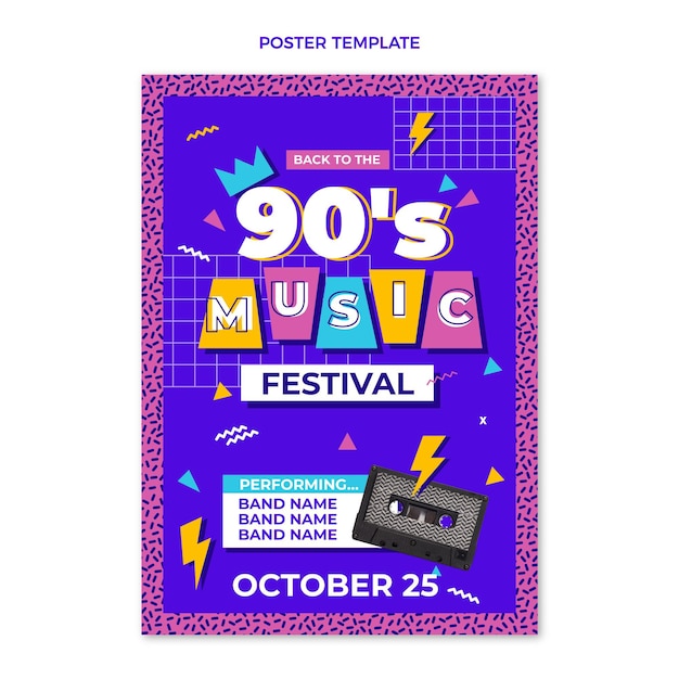 Poster del festival musicale nostalgico degli anni '90 dal design piatto