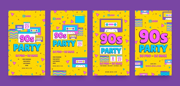 Flat design 90s party instagram stories