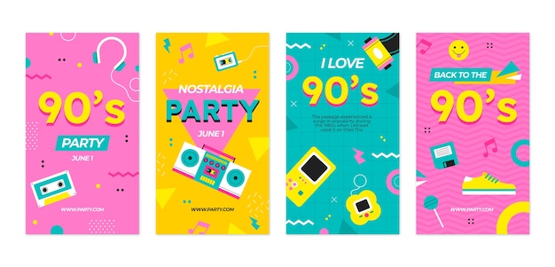 Истории instagram вечеринки 90-х в плоском дизайне