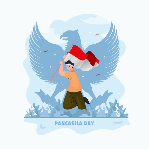 Pancasila의 날을 위한 빨간색과 흰색 깃발이 있는 평면 디자인 젊은 남자