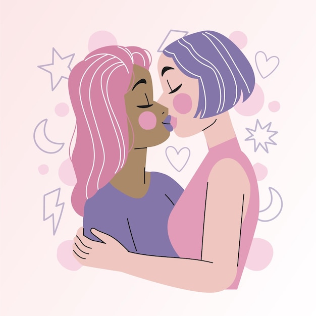 Flat design affectionate lesbian kiss