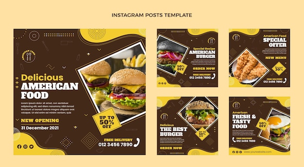 Vector flat design american food instagram posts