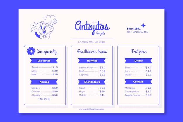 Плоский дизайн меню ресторана antojitos