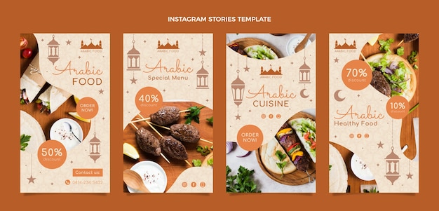 Storie di instagram di cibo arabo dal design piatto
