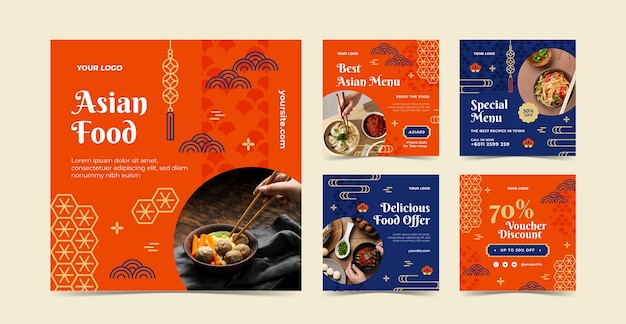 Flat design asian food instagram posts