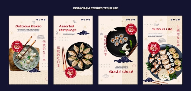 Vettore storie di instagram di cibo asiatico dal design piatto