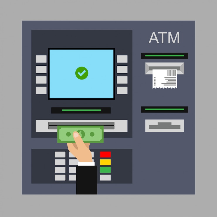 Vector flat design of atm machine with cash, credit card and check. 