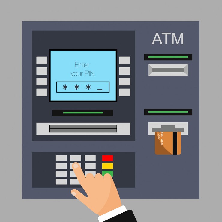 Vector flat design of atm machine with credit card. entered pin.