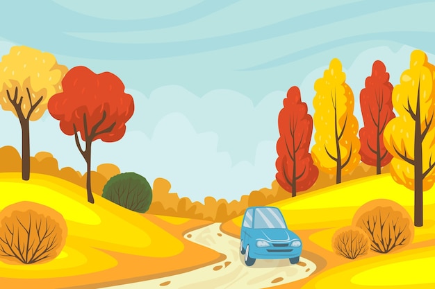 Осенний пейзаж в плоском дизайне с автомобилем