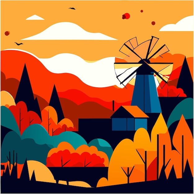 Vector flat design autumn landscape with windmill or flat design autumn landscape