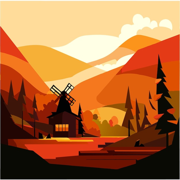 Vector flat design autumn landscape with windmill or flat design autumn landscape