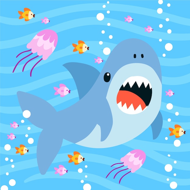 Flat design baby shark in cartoon style