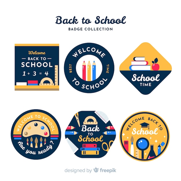 Vettore design piatto torna alla collezione di badge scuola