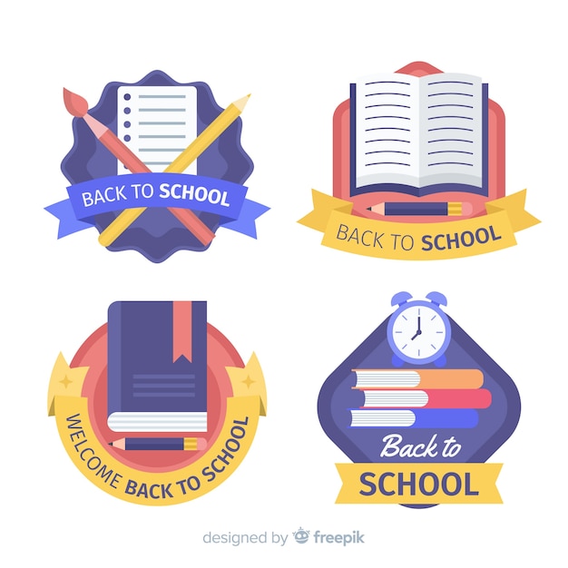 Vettore design piatto torna alla collezione di badge scuola