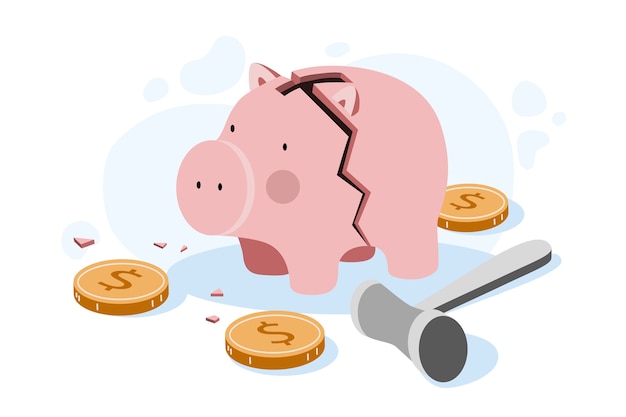 Vector flat design bankruptcy with broken piggy bank