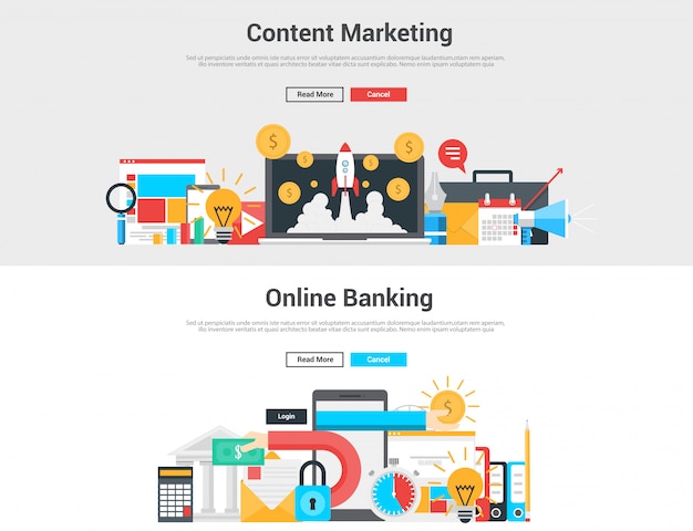 Плоский дизайн баннера, контент-маркетинг и онлайн-банкинг