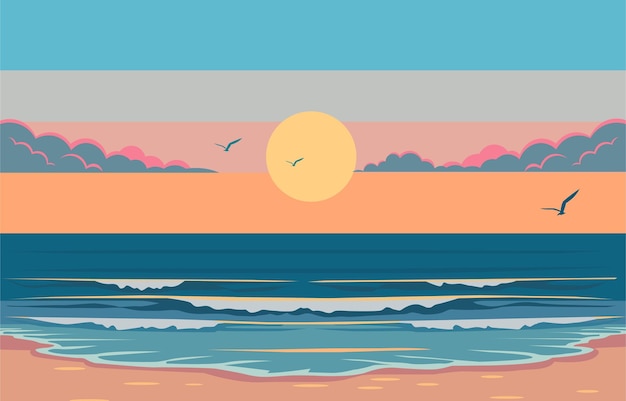 Disegno piatto di un bellissimo paesaggio di spiaggia con un cielo colorato al tramonto