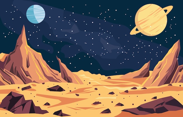 Flat Design of Beautiful Landscape in Outer Space with Saturn Planet in Dark Sky