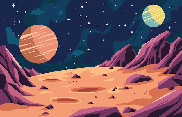 Vector flat design of beautiful landscape in planet surface with rock stone in outer space