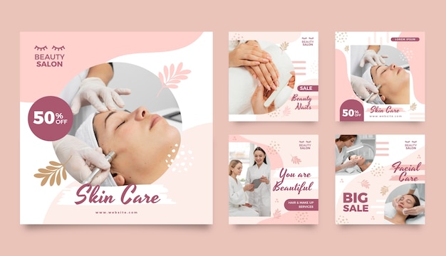 Flat design beauty salon instagram posts pack