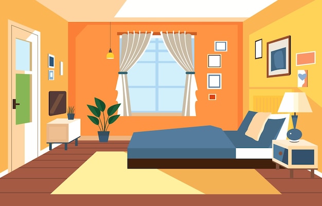 Vector flat design of bedroom interior with bed furniture and window in home