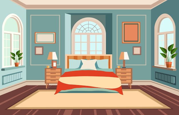 Flat Design of Bedroom with Bed Furniture Window in Fancy House