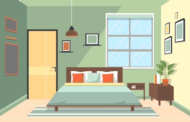 Flat Design of Bedroom with Bed Furniture Window in Simple House