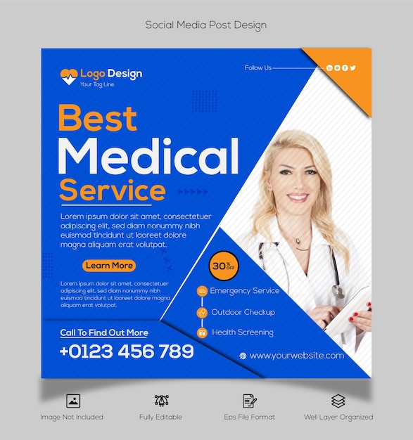 Design piatto i migliori post di instagram per cure mediche o il design dei post sui social media