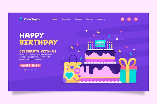 Целевая страница празднования дня рождения в плоском дизайне