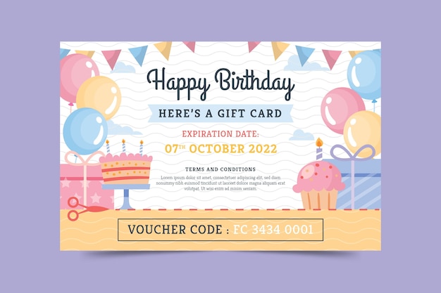 Flat design birthday gift voucher template