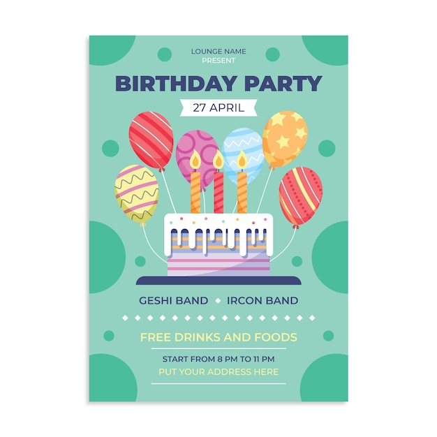 Flat design birthday party flyer template