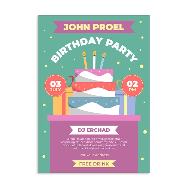 Вектор Плоский дизайн шаблона флаера для вечеринки по случаю дня рождения