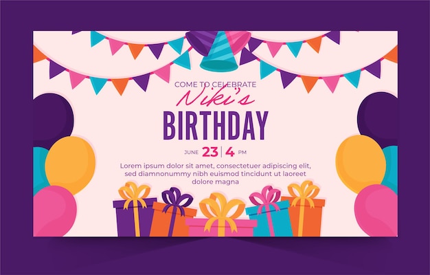 Invito a una festa di compleanno di design piatto per banner